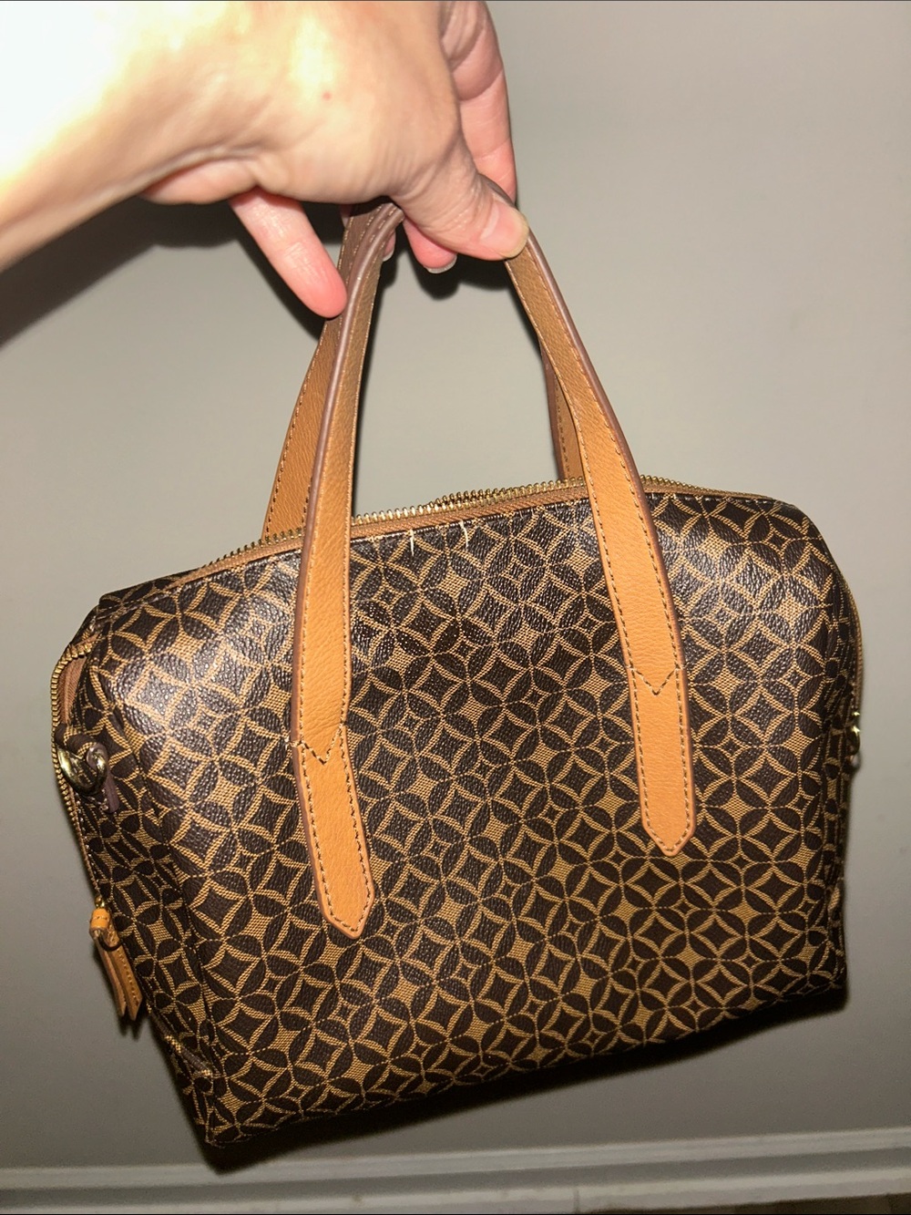 Brown Patterned Women's Shoulder Bag with Tan Handles